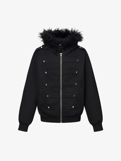 Studded Hooded Faux-Fur Collar Coat