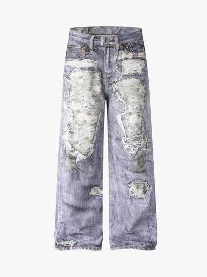 3D Graphic Distressed Wide-Leg Jeans