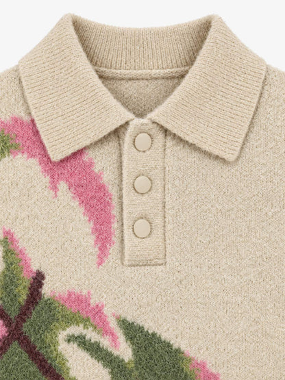 Art Story Graphic Jacquard Knit Polo Sweater; Apricot / S, Apricot / M, Apricot / L, Apricot / XL, Apricot / 2XL
