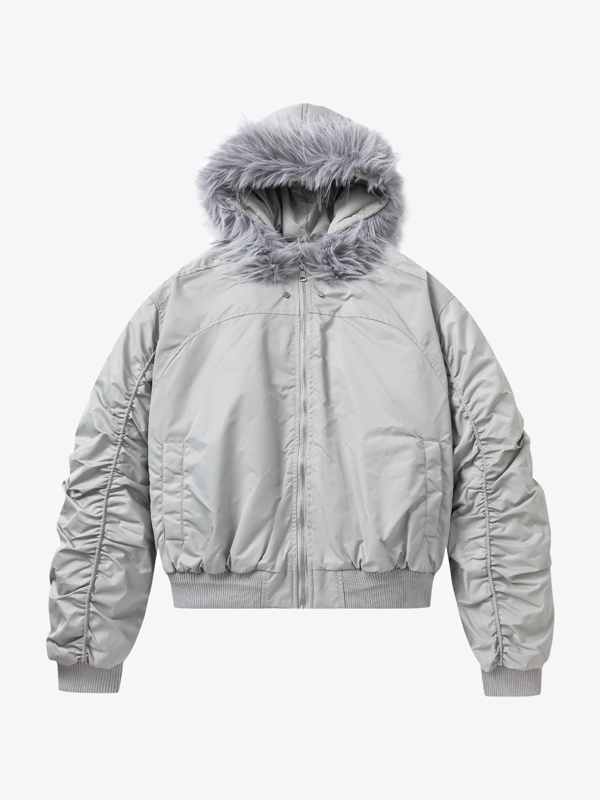 Faux-Fur Hood Ruched-Sleeve Padded Coat