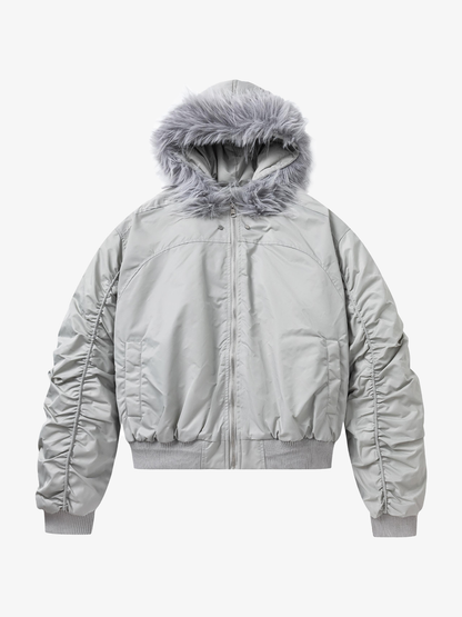 Faux-Fur Hood Ruched-Sleeve Padded Coat