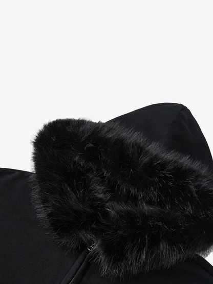 Fur-Trim Sleeve Graphic Zip Hoodie; Black / M, Black / L, Black / XL, Black / 2XL