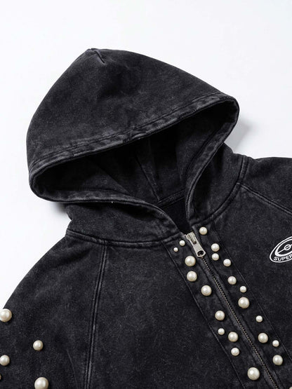 Pearl Studded Washed Distressed Cropped Hoodie