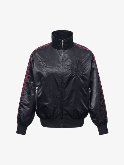 Butterfly Embroidered Leopard-Trim Satin Zip Jacket; Black / S, Black / M, Black / L, Black / XL