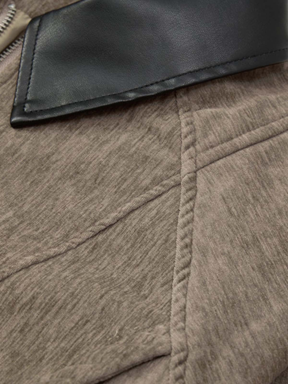 Oversized Pocket Color Block Faux Leather Lapel Jacket; Khaki / S, Khaki / M, Khaki / L, Khaki / XL