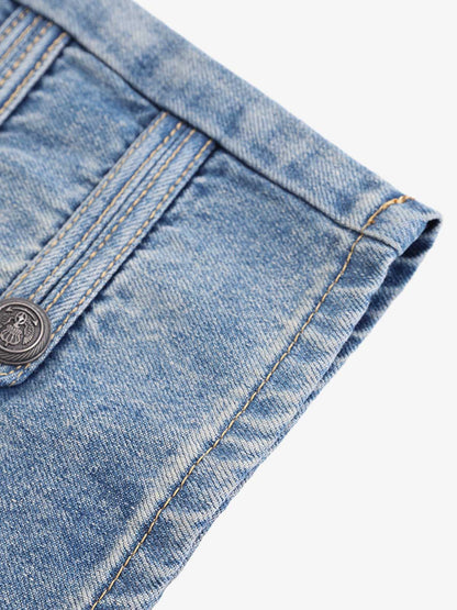 Button-Trim Curved-Leg Jeans; Blue / S, Blue / M, Blue / L, Blue / XL, Blue / 2XL