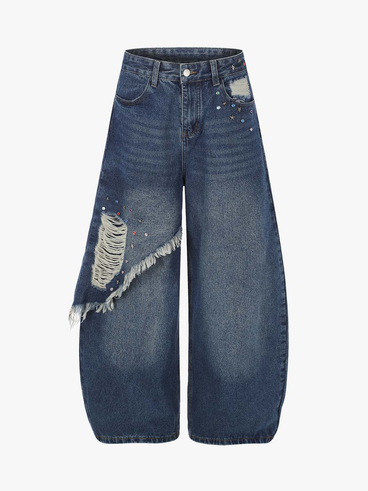 Layered Rhinestone Baggy Jeans; Dark Blue / S, Dark Blue / M, Dark Blue / L, Dark Blue / XL