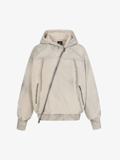 Retro Asymmetric Zip Up Deconstructed Hoodie; Apricot / S, Apricot / M, Apricot / L, Apricot / XL