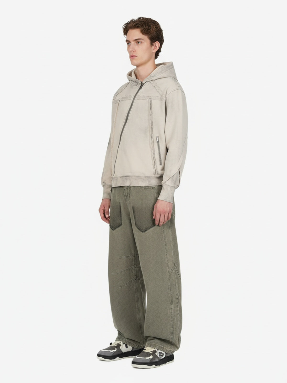 Retro Asymmetric Zip Up Deconstructed Hoodie; Apricot / S, Apricot / M, Apricot / L, Apricot / XL