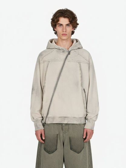 Retro Asymmetric Zip Up Deconstructed Hoodie; Apricot / S, Apricot / M, Apricot / L, Apricot / XL