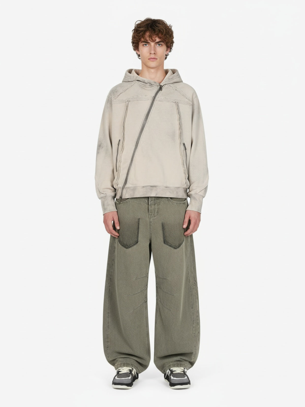Retro Asymmetric Zip Up Deconstructed Hoodie; Apricot / S, Apricot / M, Apricot / L, Apricot / XL