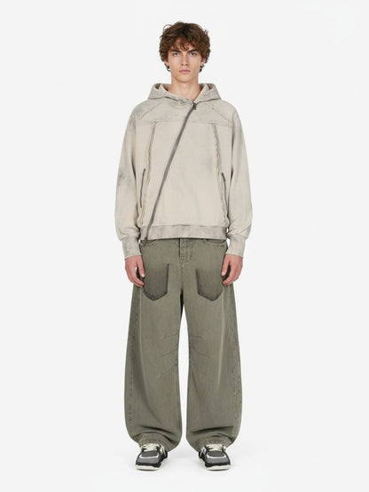 Retro Asymmetric Zip Up Deconstructed Hoodie; Apricot / S, Apricot / M, Apricot / L, Apricot / XL
