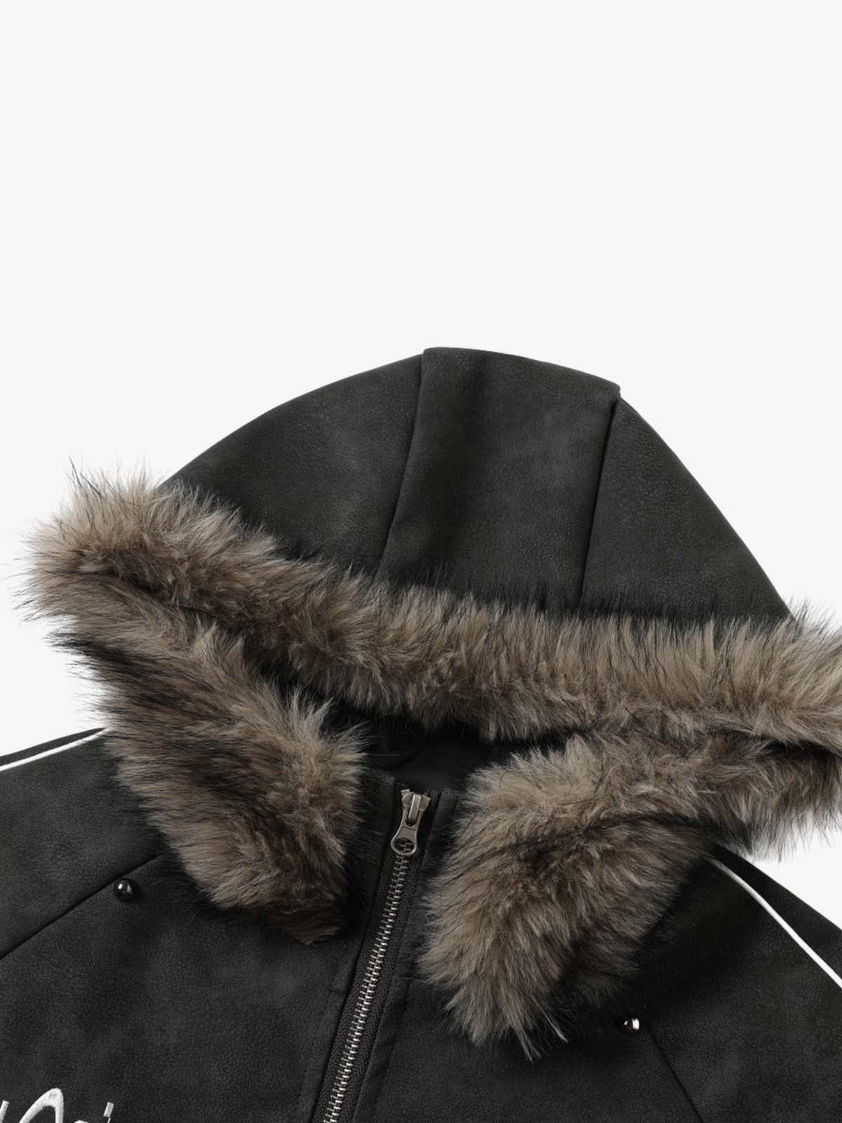 Letter Graphic Fur-Collar Zip-Up Jacket; Gray Black / S, Gray Black / M, Gray Black / L, Gray Black / XL
