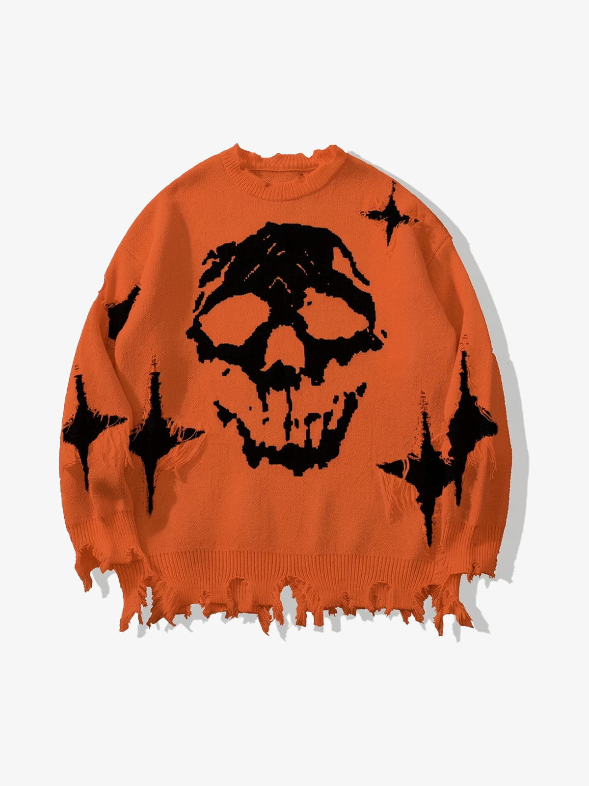 Distressed Skull Jacquard Sweater; Orange / S, Orange / M, Orange / L, Orange / XL, Orange / 2XL