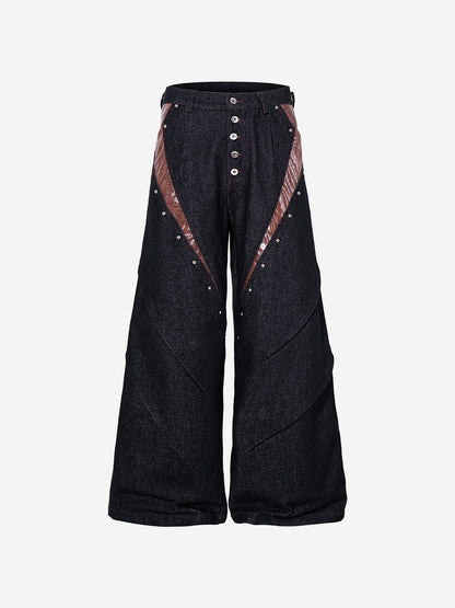 Leather Patchwork Studded Loose-Fit Jeans