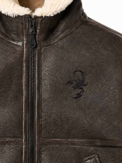 Embossed Faux-Shearling Lined PU Leather Jacket
