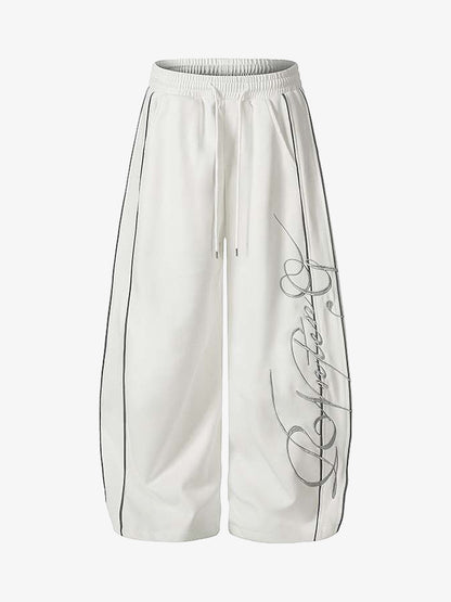 Script Embroidered Piped Wide-Leg Sweatpants; White / S, White / M, White / L, White / XL