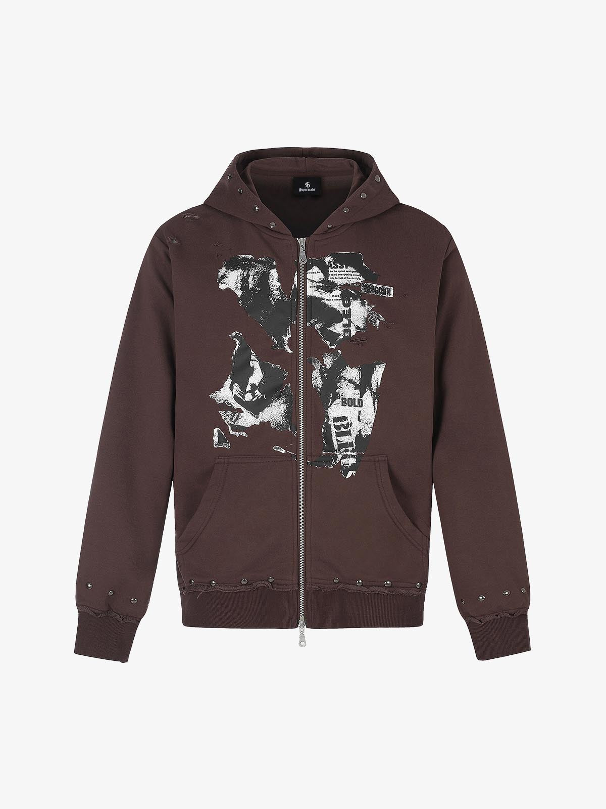 Studded Zip-Up Hooded Punk Sweatshirt Jacket; Coffee / S, Coffee / M, Coffee / L, Coffee / XL