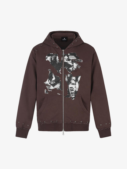Studded Zip-Up Hooded Punk Sweatshirt Jacket; Coffee / S, Coffee / M, Coffee / L, Coffee / XL