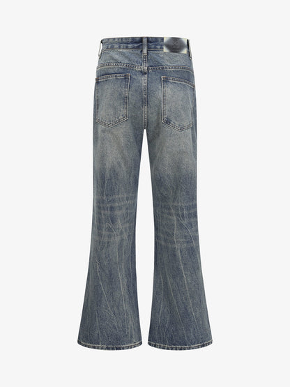 Retro Washed Faded Flared Jeans; Blue / S, Blue / M, Blue / L, Blue / XL, Blue / 2XL