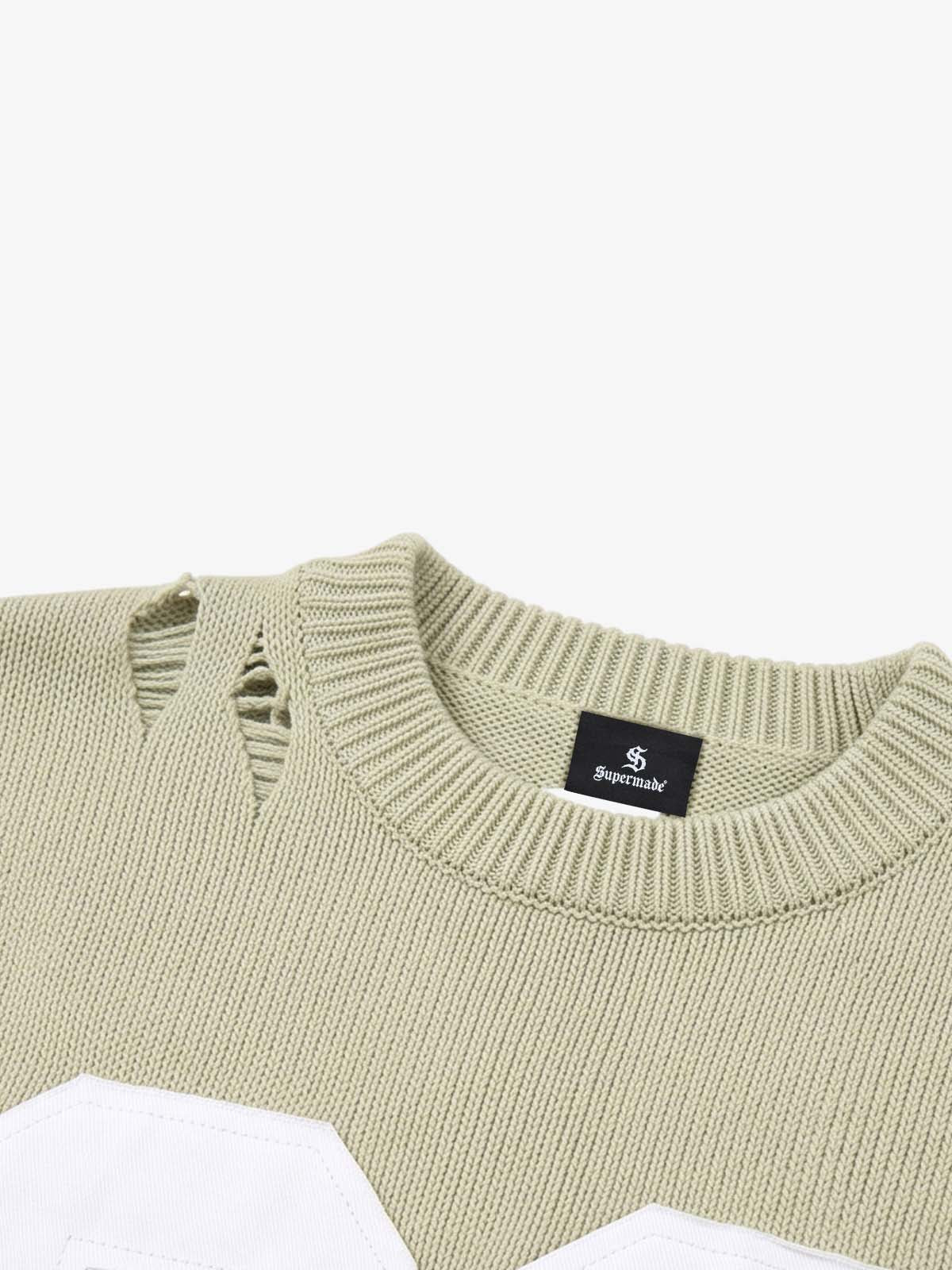 Distressed '23' Appliqué Boxy Fit Sweater; Green / M, Green / L, Green / XL