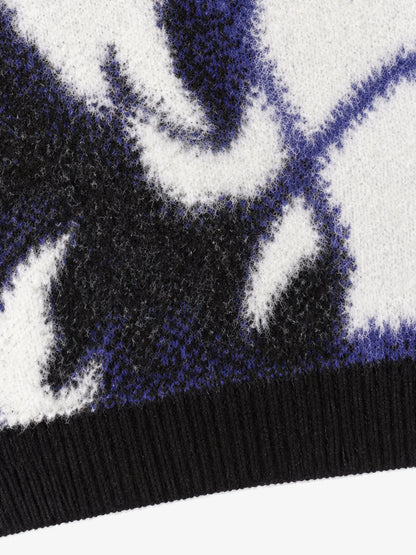Abstract Spray Graphic Jacquard Knit Polo Sweater; Purple / S, Purple / M, Purple / L, Purple / XL, Purple / 2XL