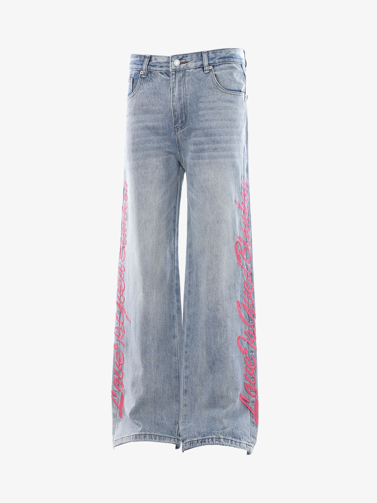 Pink Letter Embroidered Curved-Seam Jeans; Blue / S, Blue / M, Blue / L, Blue / XL