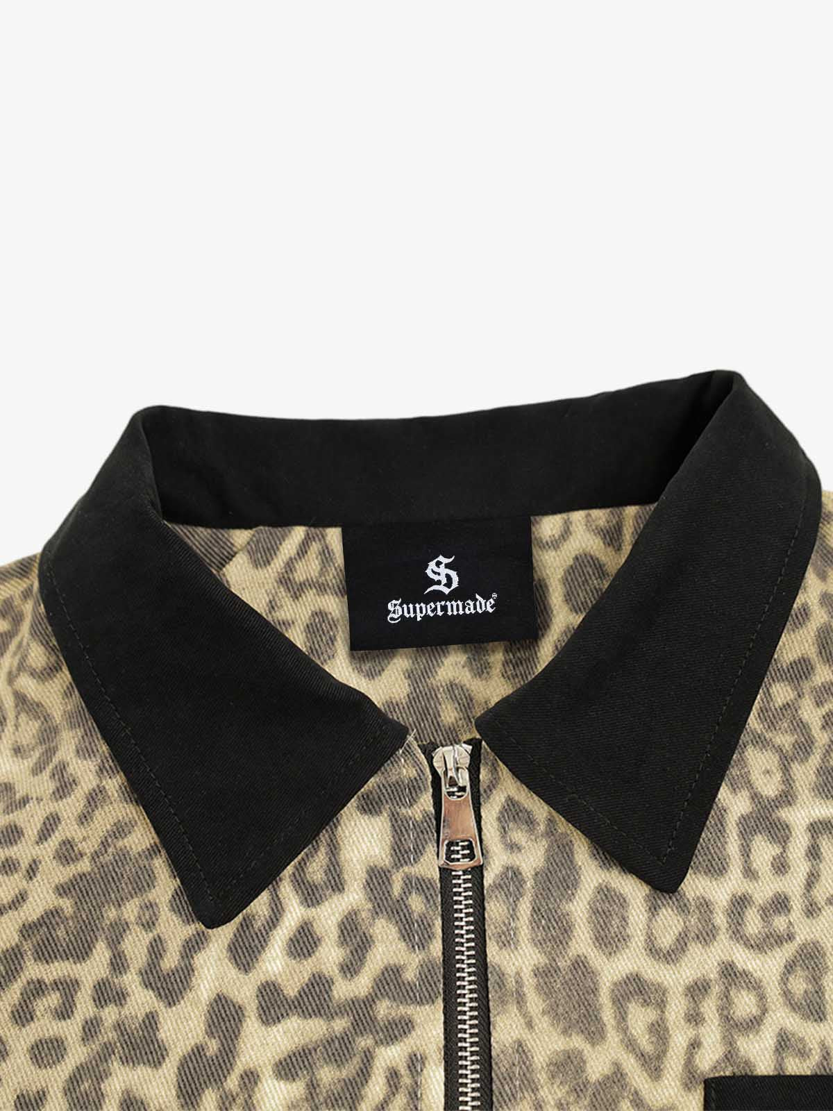 Leopard Embroidered Pocket Color Block Denim Jacket; Leopard / M, Leopard / L, Leopard / XL