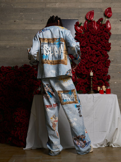 Retro Artistic Graffiti Angelic Prints Baggy Jeans - 2574; Blue / S, Blue / M, Blue / L, Blue / XL, Blue / 2XL, Blue / 3XL