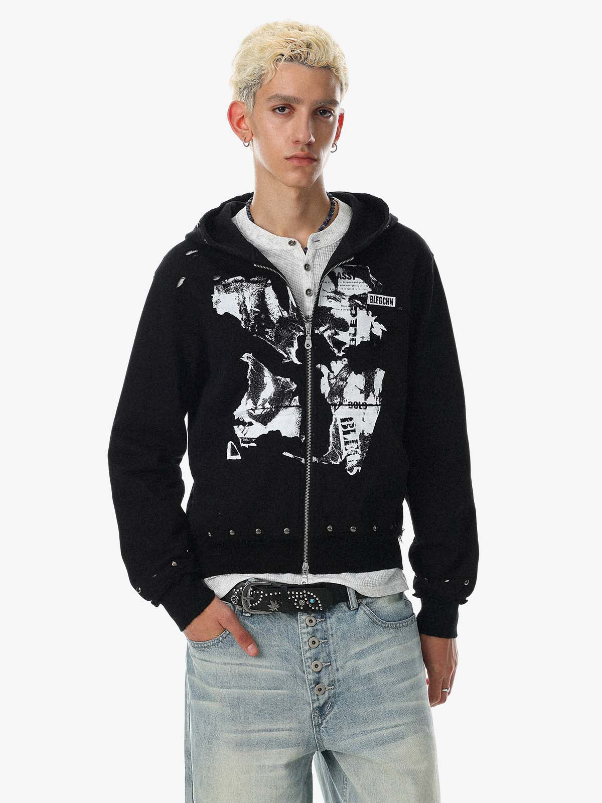 Studded Zip-Up Hooded Punk Sweatshirt Jacket; Black / S, Black / M, Black / L, Black / XL