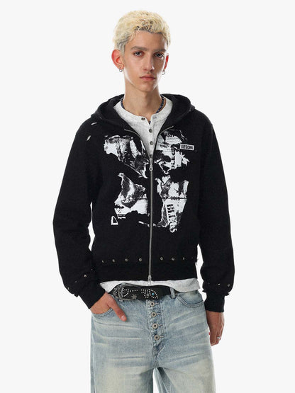 Studded Zip-Up Hooded Punk Sweatshirt Jacket; Black / S, Black / M, Black / L, Black / XL