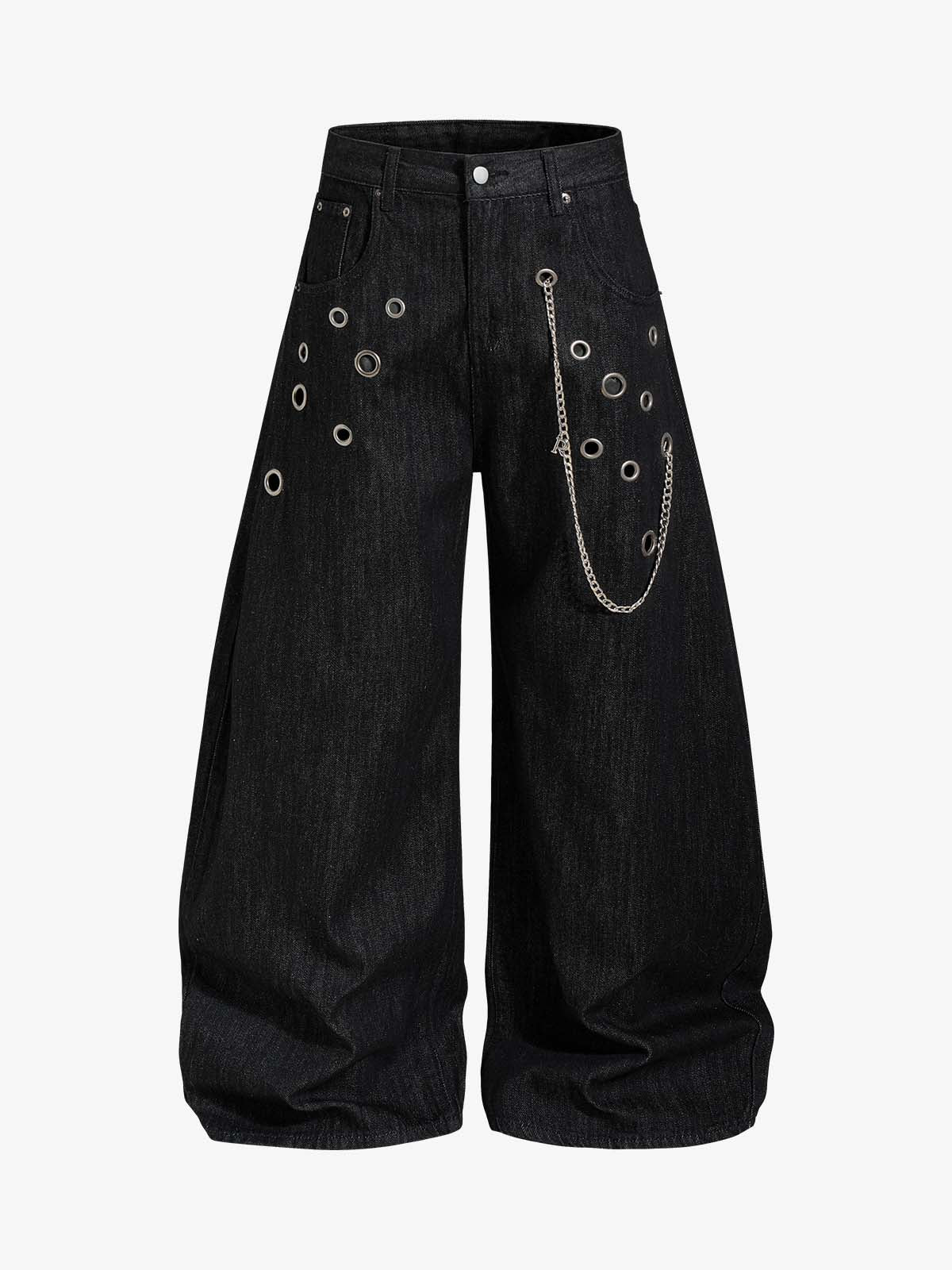 Vintage Eyelet Chain Baggy Jeans; Black / S, Black / M, Black / L, Black / XL, Black / 2XL