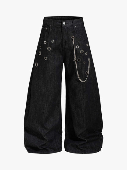 Vintage Eyelet Chain Baggy Jeans; Black / S, Black / M, Black / L, Black / XL, Black / 2XL