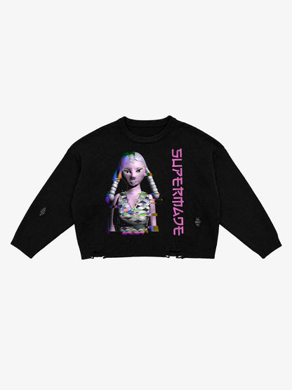 Glitch Girl Graphic Distressed Cropped Boxy Sweater