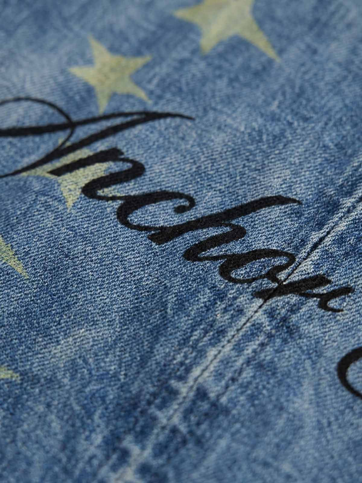 Anchor Club Star Graphic Washed Denim Jacket; Washed Denim Blue / S, Washed Denim Blue / M, Washed Denim Blue / L, Washed Denim Blue / XL, Washed Denim Blue / 2XL