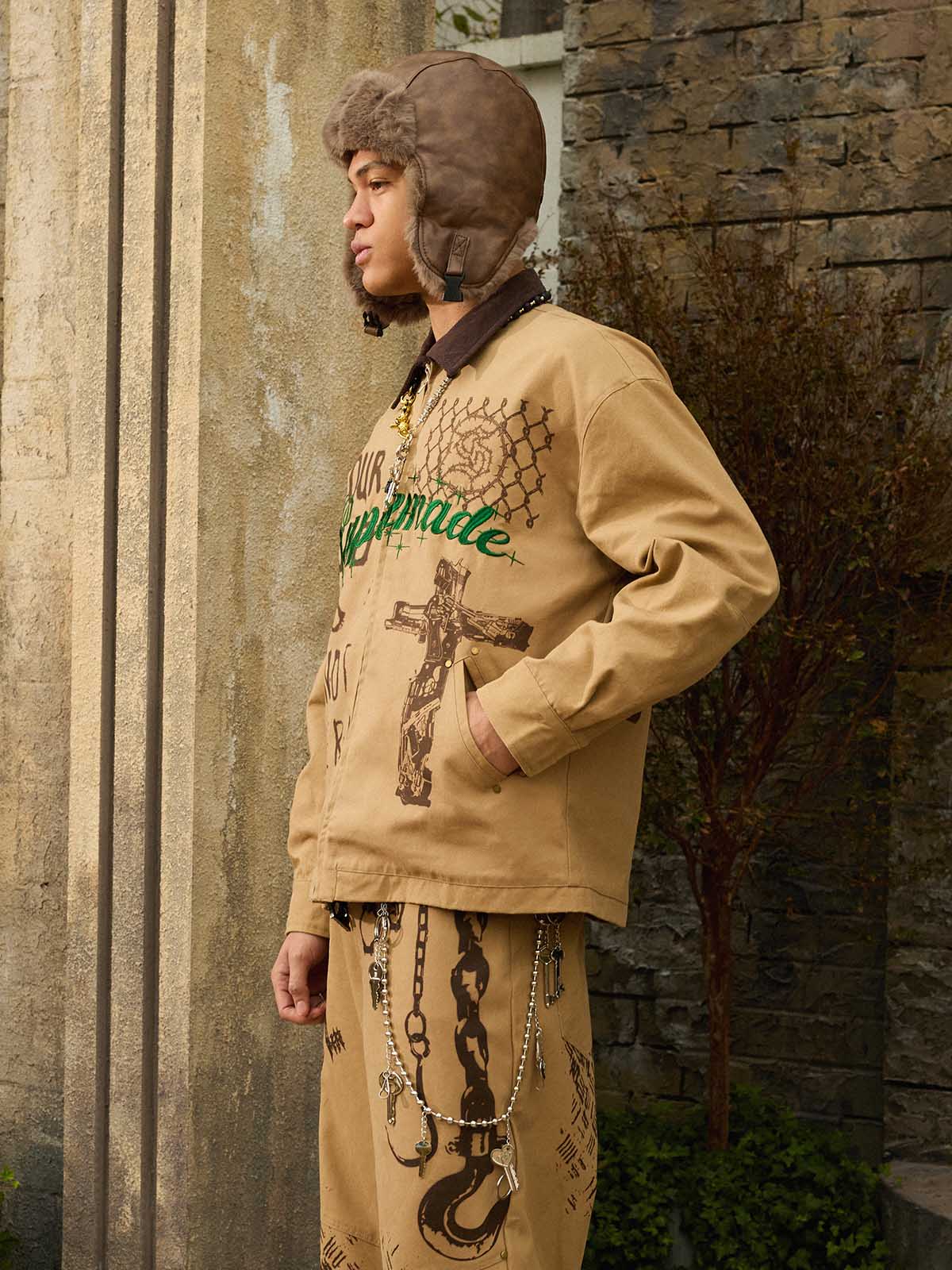 Supermade “Your God Is Not Here” Slogan Print Color-Blocked Embroidered Retro Canvas Jacket; Khaki / S, Khaki / M, Khaki / L, Khaki / XL, Khaki / 2XL