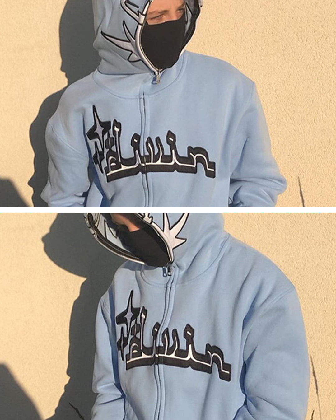 A model wearing the sky blue color of the Y2K Full Zip Hoodies