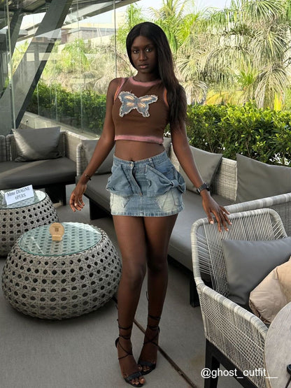 Bow Denim Micro Mini Skirt