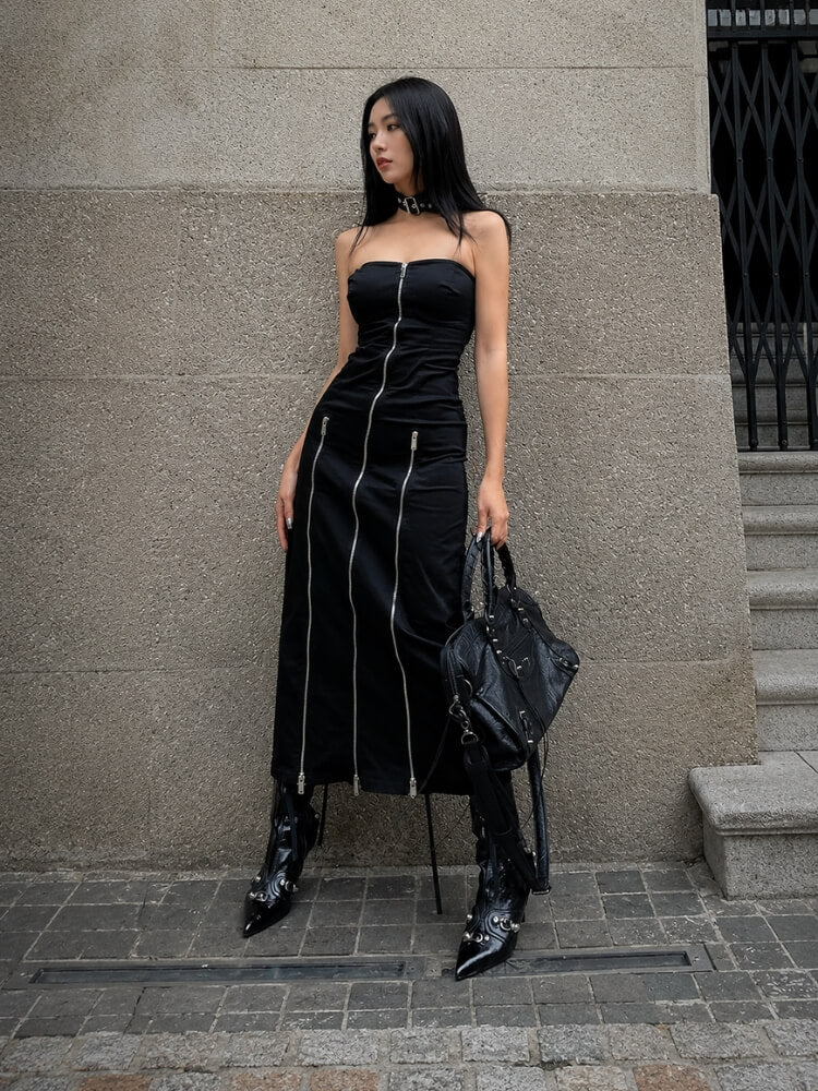 Goth Strapless Zipper Maxi Dress