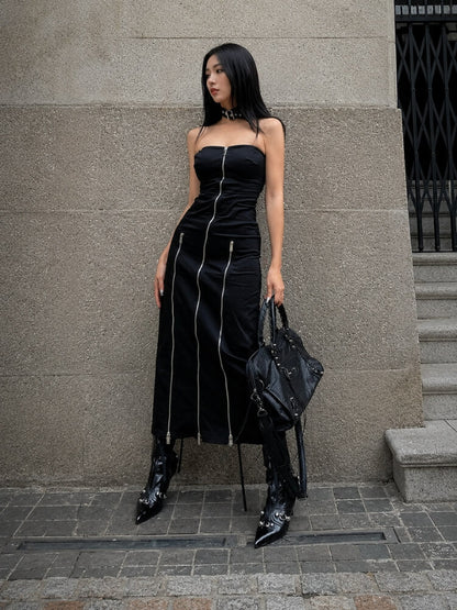 Goth Strapless Zipper Maxi Dress
