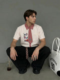 Embroidered Cat Tie Collar Shirt