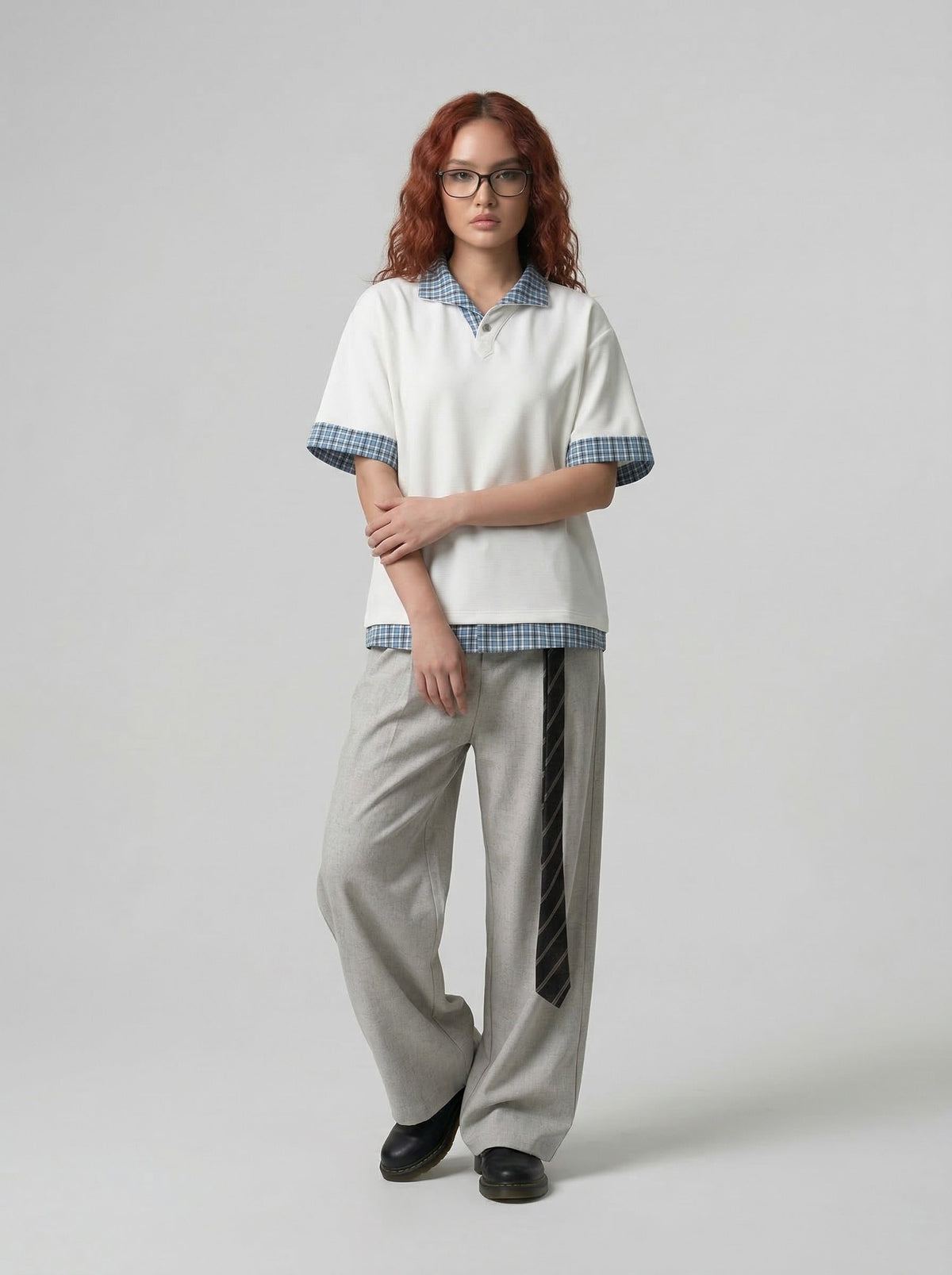 Plaid Layered Short-Sleeve Polo Shirt