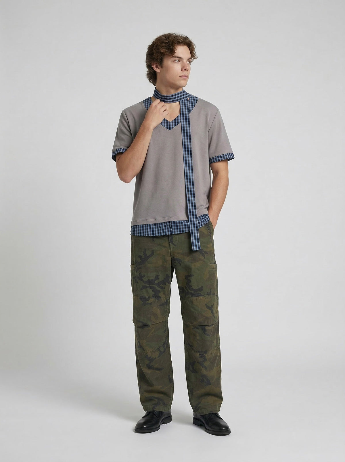Checkered Mock Scarf T-Shirt