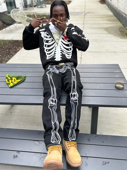 Thesupermade Hip Hop Bones Embroidered Jeans - 1859; Black / XL, Black / 2XL, Black / 3XL