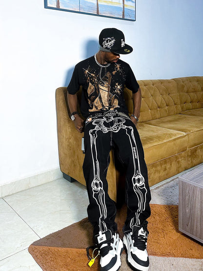 Thesupermade Hip Hop Bones Embroidered Jeans - 1859; Black / XL, Black / 2XL, Black / 3XL