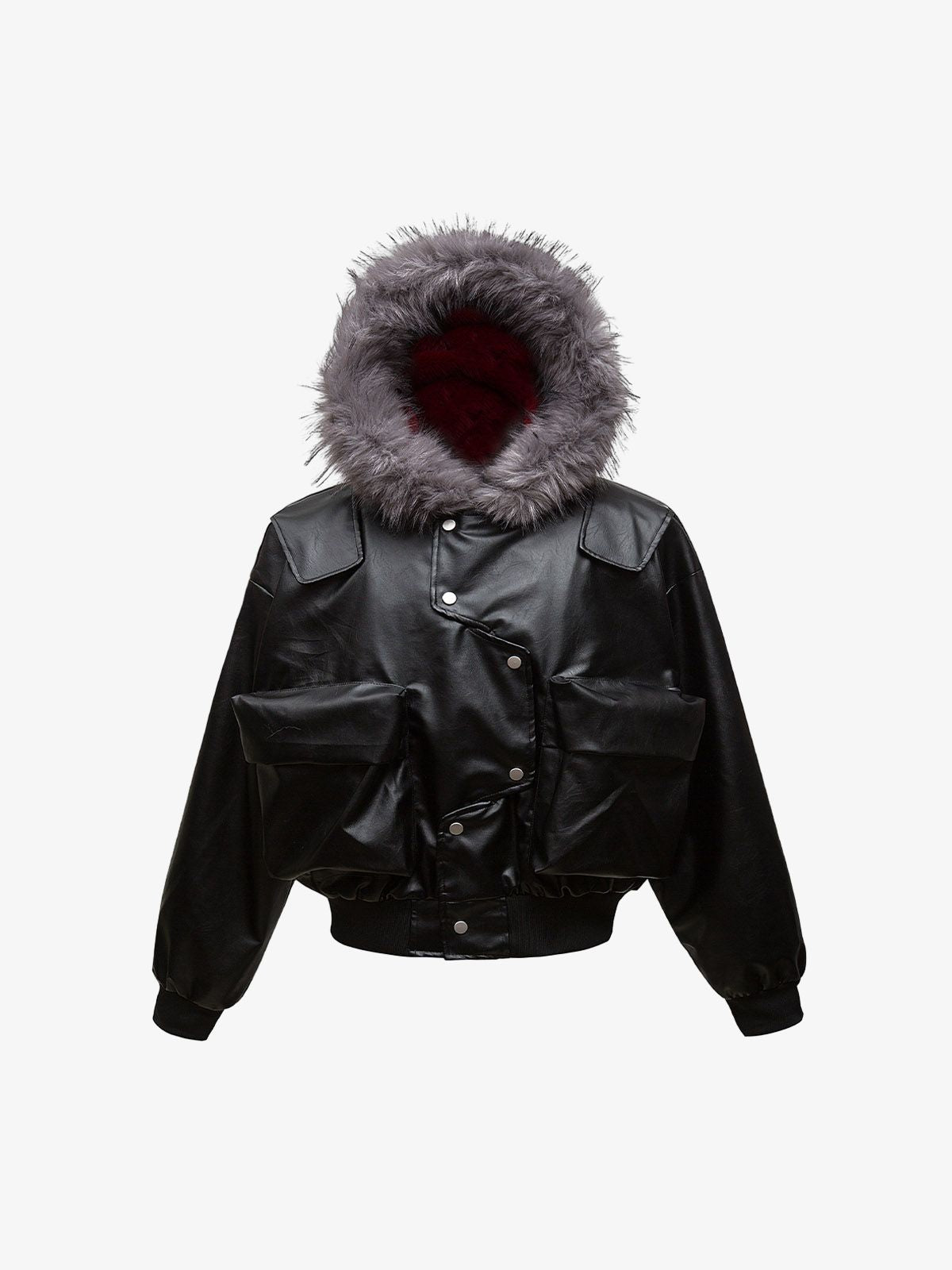 Deconstructed Multi Pocket Fur Hooded PU Leather Jacket - 2566 