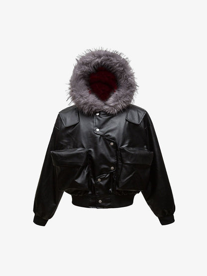 Deconstructed Multi Pocket Fur Hooded PU Leather Jacket - 2566 
