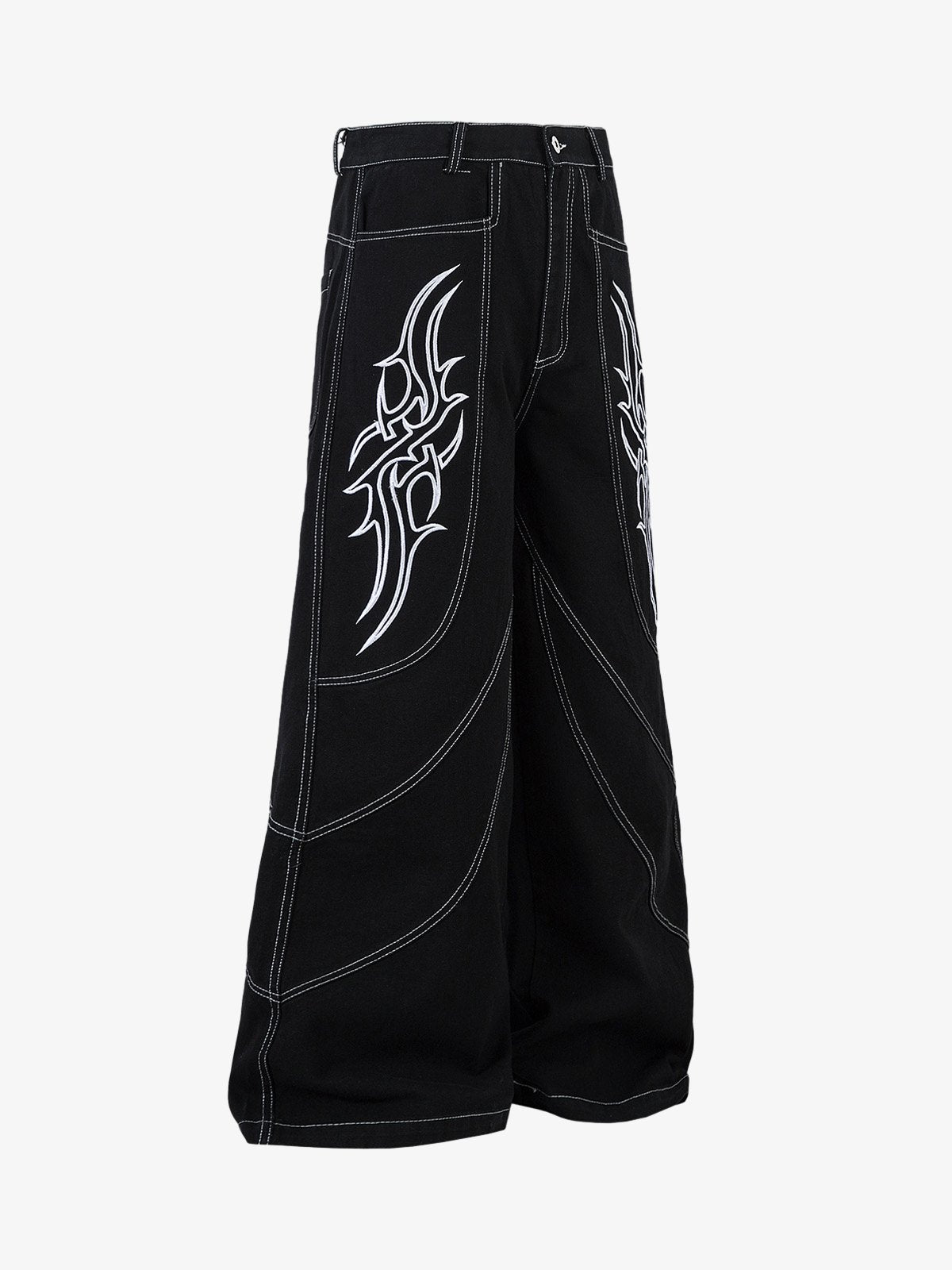Deconstructed Contrast Embroidered Baggy Jeans - 2330; Black / M, Black / L, Black / XL, Black / 2XL