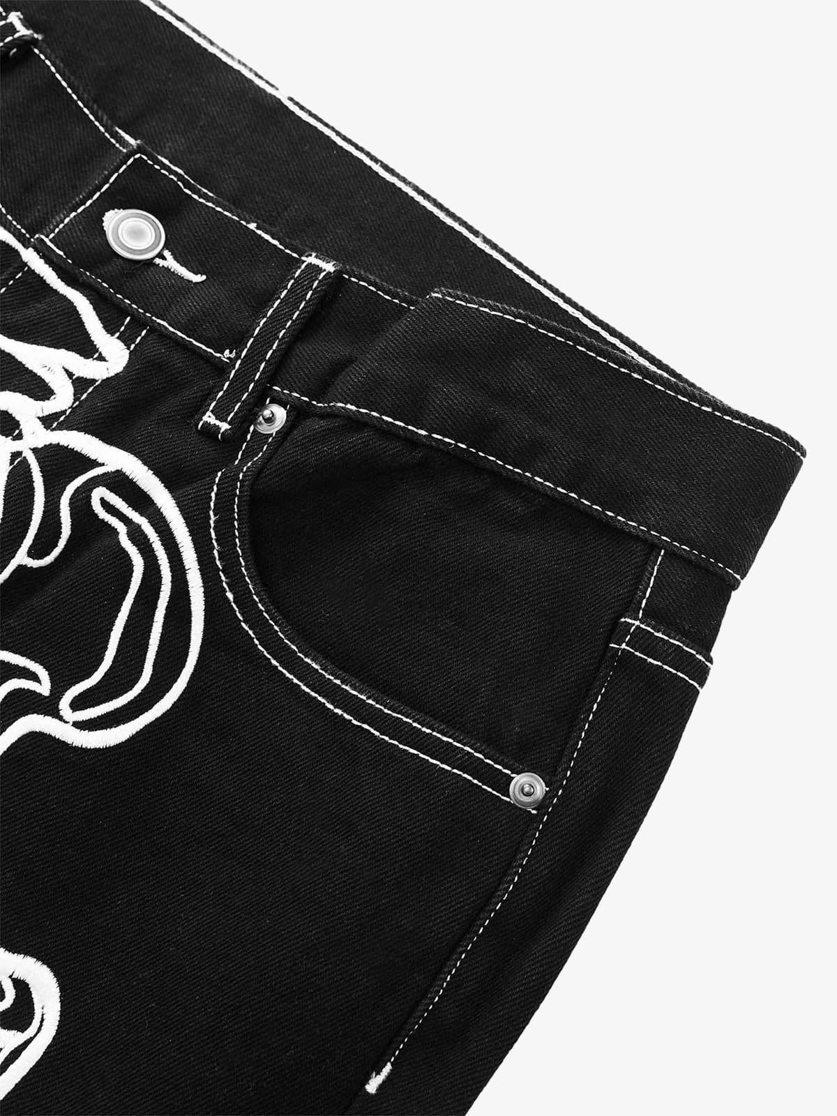 Thesupermade Hip Hop Bones Embroidered Jeans - 1859; Black / XL, Black / 2XL, Black / 3XL