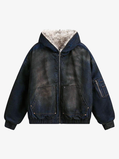 Cotton Washed Fur Hooded Jacket - 2265; Deep Blue / S, Deep Blue / M, Deep Blue / L, Deep Blue / XL, Deep Blue / 2XL, Deep Blue / 3XL